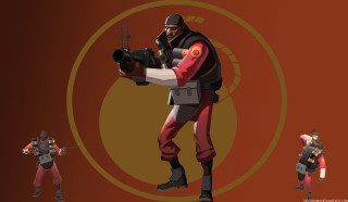 Man red uniform gun camera - action pose free wallpaper