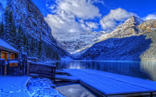 Snowy mountain lake dock cabin 2 - winter free wallpaper