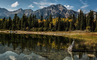 Lake mountains trees clouds boat - a few boat free wallpaper