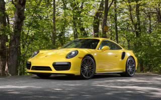 Yellow porsche forest road nature - tree and bushes free wallpaper