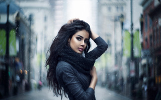 Aramenta longhair rainy street fashion - a black scarf free wallpaper