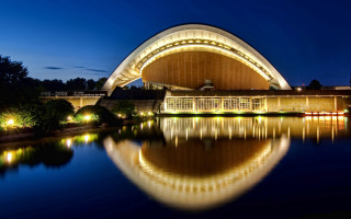 Large building lake night modern - modernism free wallpaper