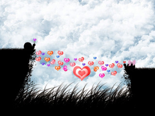 Animals field clouds hearts couple - a couple of animals free wallpaper