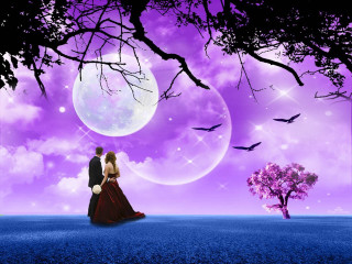Couple tree purple sky moon - dreamlike free wallpaper