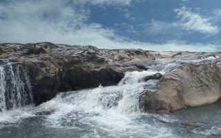 Waterfall rock formation matte painting - hudson river school free wallpaper