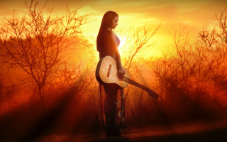 Woman guitar field sunset trees - the background and a sunbeam in the foreground free wallpaper