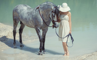 Woman white dress horse beach - a leash free wallpaper