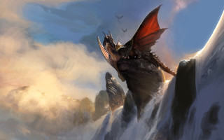 Dragon cliff clouds mountains bird - a dragon free wallpaper for desktop