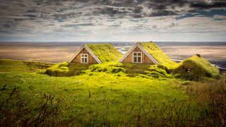 Two houses grass roof hill - the roof free wallpaper