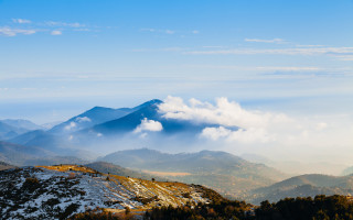 Mountain range clouds trees beach - a few mountain free wallpaper