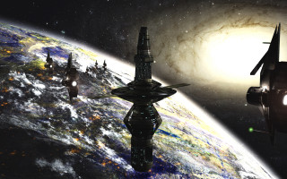 Spacecraft planet sun spiralgalaxy aurora - over a planet in space free wallpaper