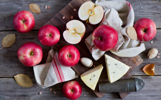 Wooden table apples cheese knife - eden box free wallpaper for desktop