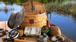 Fishing basket boat lake reeds - other item free wallpaper