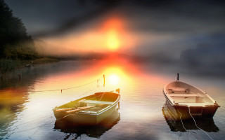 Boats dock sunset foggy matte - atmospheric lighting free wallpaper