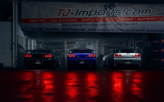 Garage three cars red lights - realistic lighting free wallpaper