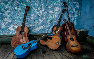 Guitars woodenfloor bluewall studiophotography folkart - a blue wallpaper free wallpaper