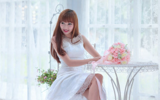 Woman bride flowers white dress - lap free wallpaper