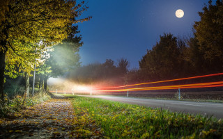 Night road fullmoon trees city - free autumn wallpaper