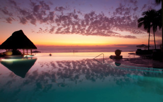 Sunset pool mountain reflection silhouette - dreamlike free wallpaper