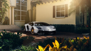 White sports car house porch - realistic lighting free wallpaper