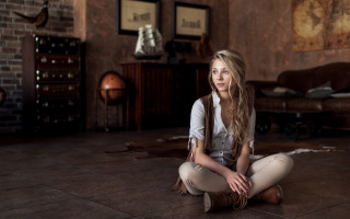 Woman blonde portrait cinematic brick - the floor in a room free wallpaper for desktop