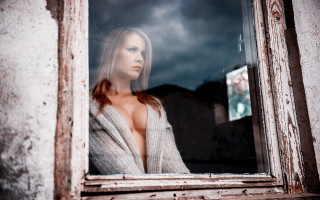 Woman window sweater open headturned - her shirt open free wallpaper