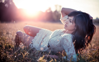 Woman grass field blowing hair - the wind free wallpaper