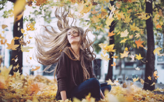 Woman leaves autumn flowing hair - flowing hair free wallpaper