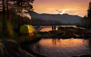 Tent river sunset couple matte - a couple standing next free wallpaper