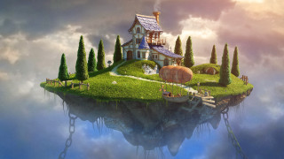 Floating island house trees animals - floating free wallpaper