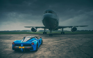 Blue car jet runway vehicle - a plane in the background free wallpaper