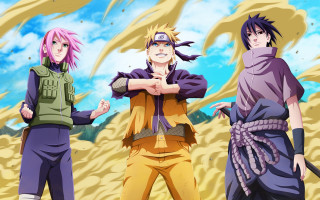 Anime characters mountain sky clouds 2 - three anime character free wallpaper