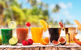 Fruits drinks table blue sky - a cloth free wallpaper for desktop