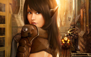 Futuristic woman armor city robot - dieselpunk free wallpaper