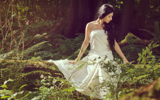 Woman white dress forest nature - tree and ferns free wallpaper