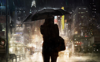 Rainy cityscape night umbrella cyberpunk - a cityscape in the background free wallpaper