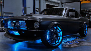 Black mustang blue lights hologram - a garage free wallpaper