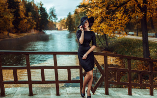Woman black dress hat bridge - a wooden deck free wallpaper