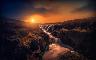 Waterfall sunset river mountains cityscape - derold page free wallpaper for desktop