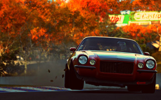 Red car autumn leaves forest - orange leaf free wallpaper