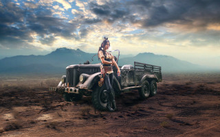 Woman costume truck desert gun - her hand and a bird free wallpaper for desktop