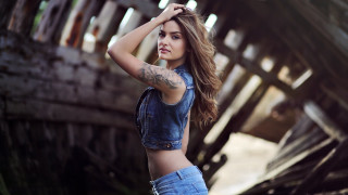 Tattooed woman front wooden background - a wooden structure free wallpaper