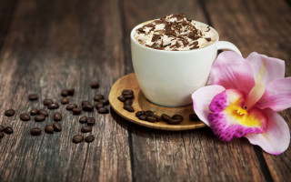 Coffee flower wooden table beans - a cup of coffee free wallpaper