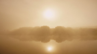 Foggy lake boat trees moon - the fog free wallpaper