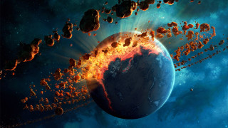 Falling rocks large planet blue - blue background free wallpaper for desktop