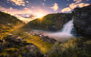 Waterfall sunshine clouds grass rocks - the cloud above free wallpaper