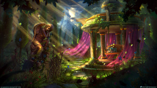 Fantasy house woods fountain statue - matte fantasy painting free wallpaper for desktop