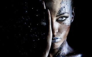 Glittered woman astronaut night sky - behind her head free wallpaper