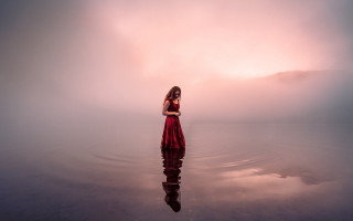 Woman red dress lake pink - elsa bleda free wallpaper