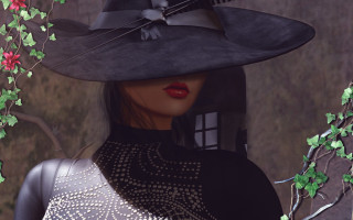 Woman blackhat bow dress flowers - deep shadow free wallpaper